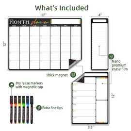 Magnetic Dry Erase Monthly Calendar Set - 17"x12" Monthly and 8.5"x12" Weekly Calendar, 4"x12" List Board for Fridge - 6 Extra Fine Point Dry Erase Markers Included - Shipped Flat