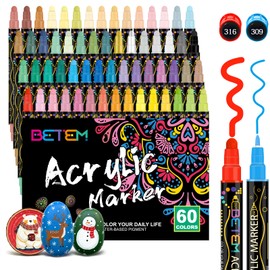 Betem 60 Colors Dual Tip Acrylic Paint Pens Markers, Premium Acrylic Paint Markers Stocking Stuffers for Rock, Wood, Fabric, Glass, Canvas, Ceramic, Christmas Gifts for Teens DIY Crafts Art Supplies