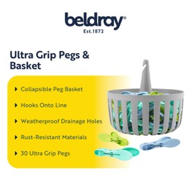 Beldray 30 Ultra Grip Pegs& Basket– Collapsible Peg Basket, Hooks Onto Line, TPR Secure Easy Grip, Drainage Holes to Release Rain, Moisture/Rust Resistant, Long Lasting Clothes Pins