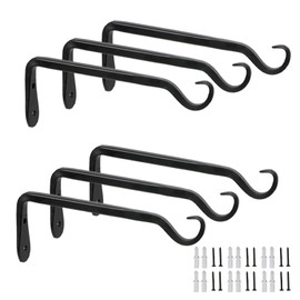 Worth Garden 6-Pack 7" Plant Hanger Bracket - Forged Wrought Iron Powder-Coated Heavy Duty Wall Hook - Black Hanging Hooks - Durable and Stable for Bird Feeders, Planters Indoor & Outdoor