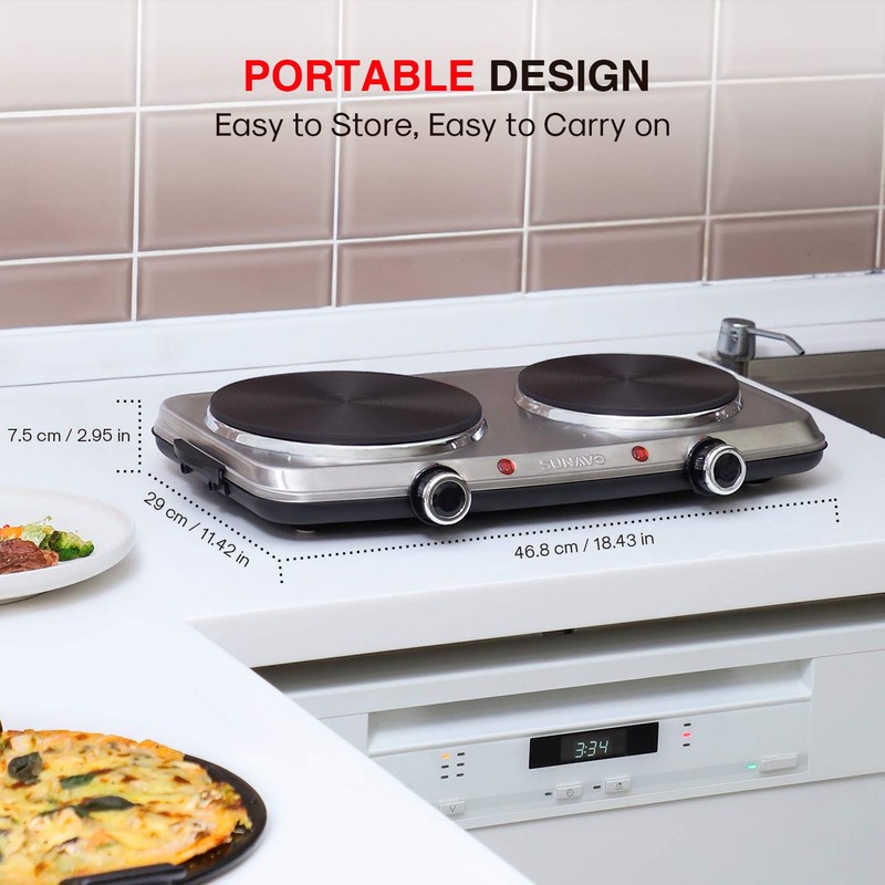 SUNAVO Hot Plates for Cooking, 1800W Electric Double Burner with