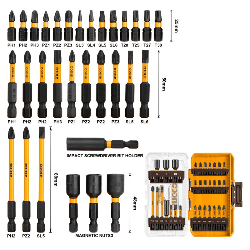 INGCO 31Pcs Impact Screwdriver Bits Set with Holder, S2 Steel