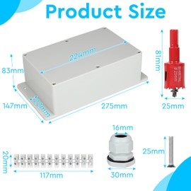 CPROSP Wet Room Box Junction Box Waterproof IP65 Surface-Mounted Junction Box 230 x 150 x 85 mm with Mounting Ears with 10 x Cable Glands with Hole Saw 25 mm White