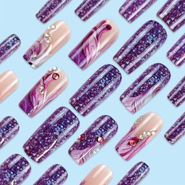 24Pcs Purple Curve Line Press on Nails Rhinestones Acrylic Medium Square Fake Nail Glossy Red Gradient False Nails Starry Sky Gel Glue on Nail Crystal Stick on Fingernails for Coquette Women Girls
