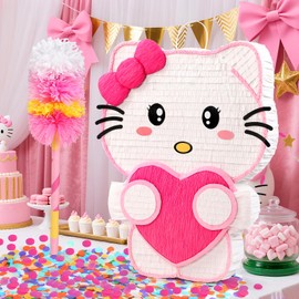 Large Pink Cat Pinata - Includes 24" Bat Stick, Eye Mask, Rope - Cute Love Heart Design for Girls' Birthday Party Cat-Themed Event (20.7" × 15.7" × 3.0")