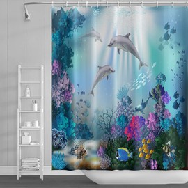 SDOTPMT 122 x 183 cm Ocean Dolphin Shower Curtain Sunbeam Tropical Colourful Fish Bath Curtain Underwater World Marine Animals Bath Curtain for Bathroom Decor Fabric Polyester Waterproof with Hooks