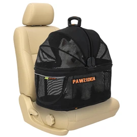 PAWZIDEA Portable Small Dog Crate for Car Travel, Enclosed Pet Car Seats for Small/Medium Dogs & Cats, Reversible No-Zip Canopy, Soft-Sided Pet Carrier Cage, Collapsible Travel Dog Kennel, Chew-Proof