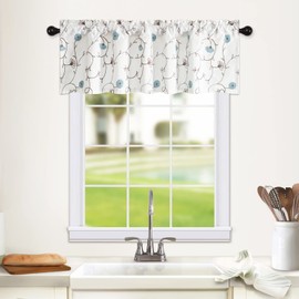 VOGOL Floral Embroidered Kitchen Valances for Windows Linen Valances for Living Room Rod Pocket Valance Curtains for Small Windows, (52''Wx18''L, Blue Floral, One Panel)