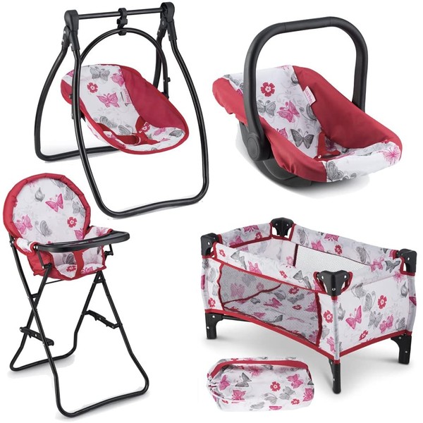 Litti Pritti 4 Piece Set Baby Doll Accessories - Includes Baby Doll Swing, Baby Doll High Chair, Doll Pack N Play, Baby Doll Carrier – 18 inch Doll Accessories for 3 Year Old Girls and Up