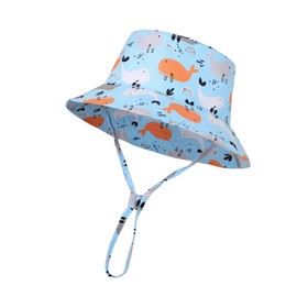 QKURT Kids Sun Hat Adjustable Summer Bucket Hat Beach Cap with Whale Pattern, UV Protection & Windproof Toddlers Fisherman Hat for Boys and Girls Ages 2-6 Blue
