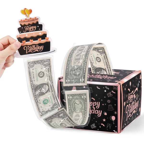 JIANTA Birthday Money Box for Cash Gift Pull, DIY Birthday Money Box, Money Roll Gift Box, Surprise Gift Box for Parents, Kids and Friends, Creative Way to Give Cash Gifts, Rose Gold