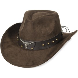 GEMVIE Suede Cowboy Hat for Men Women Roll up Brim Cowgirl Hat Classic Country Fedora Hat/Coffee-2