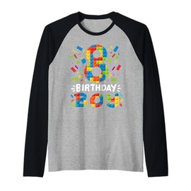 Kids 8 Years Old Building Blocks Builder 8th Birthday Boys Raglan Baseball Tee