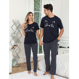 EISHOPEER Women's Cute Cat Pinted Pajama Set Short Sleeve Top & Pants Loungewear Sets Navy Blue L