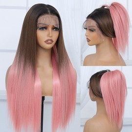 Amarlis 13x6 Synthetic Lace Front Wig - Glueless Ready to Wear 26" Pink Wigs for Black Women, Pre-Plucked Baby Hair Heat-Resistant Ombre Pink Wig for Daily Party