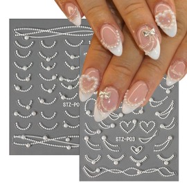 2 Sheets Valentine's Day French Pearls Nail Art Stickers 5D Embossed Lines Pearls Nail Stickers Pearls with Heart Nail Decals Acrylic Nail Supplies for Women Girls DIY Valentines Nail Decoration