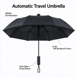 Compact Folding Umbrella for Travel – Automatic Open Design with 12K Iron Frame for Everyday Rain and Sun Protection