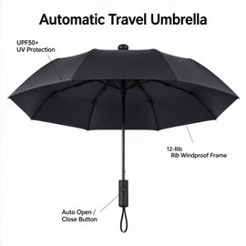 Compact Folding Umbrella for Travel – Automatic Open Design with 12K Iron Frame for Everyday Rain and Sun Protection