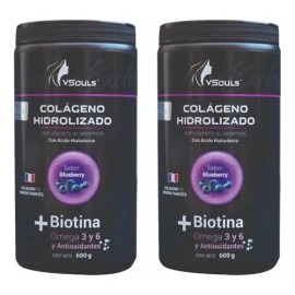 Colágeno Mas Biotina Polvo 600grs Vsouls ® 2 Botes 600 Grs Sabor Blueberry