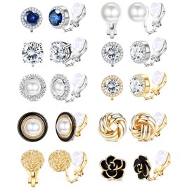 Subiceto 10 Pairs Clip Earrings for Women Clip On Earrings for Non Pierced CZ Flower Simulated Freshwater Pearl Twist Knot Clip Earrings Sets