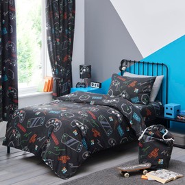 Happy Linen Company Girls Boys Kids Gaming Controller Black Toddler Cot Bed Reversible Soft Easy Care Bed Linen Duvet Cover Quilt Bedding Set With Pillow Case
