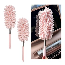 NYTKL 2PCS Car Interior Duster with Extension Pole, 11.8" to 30.5" Retractable Dusters Auto Dash Cleaning Tool, Soft Chenille Hand Washable Dusters for Car Window Furniture Office (Light Pink)