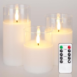 Homemory Homemory Clear Glass Flameless Candles, Pure White Wax Battery Operated Candles, LED Pillar Candles with Remote Control and Timers, D3 H4 5" 6", Set of 3