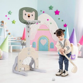 AKUSTIK 3 in 1 Toddlers Basketball Hoop Stand, Adjustable Height Sports Center with Basketball Soccer Golf Game Set, Portable Indoor Outdoor Activity Playset Gift for Kids 1-3 (Green)