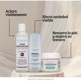 Nuestra Tierra Cosmetica Kit Despigmentante Facial y Corporal, Loción 20% Ácido Mandélico 125ml, Crema Genitals 100ml, Mascarilla Lacto Renew 100ml