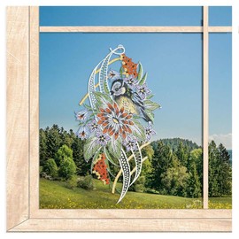 Air-Tip Window Decoration Bouquet with Blue Tit High-Quality Window Decoration Made of Real Plauen Lace 16 x 30 cm