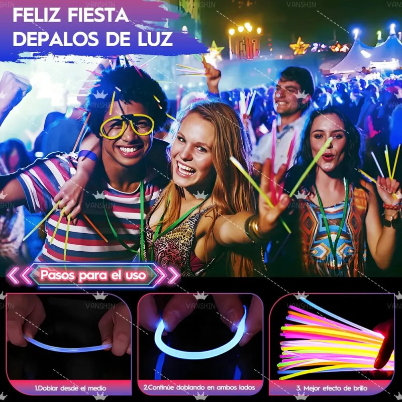 Pack de 100 Pulseras Neón Luminosas y Fluorescentes con Conectores