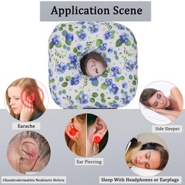 Wuronsa Ear Piercing Pillow for Side Sleepers, Pillow with an Ear Hole for CNH and Ear Pain Ear Inflammation Pressure Sores, O-Shaped Side Sleeping Pillow, Ear Guard Pillow (Blue Flowers)