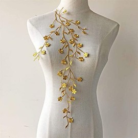Selene Iron on Applique Embellishment Flower Leaf Vines Embroidery Applique Patch Plum Blossom Flower Patch for Garment Apparel Dresses 2 Pieces (Gold)