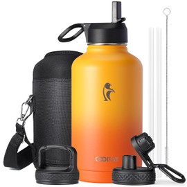 Half Gallon Water Bottle Insulated with Straw & 3 Lids, Coolflask 64 oz Water Jug Large Metal Stainless Steel Wide Mouth for Sports, Gym or Office, Non-BPA Keep Cold 48H Hot 24H, Ombre Yellow/Orange