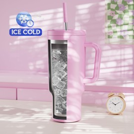 Meoky 40 oz Tumbler with Handle and Straw: Stainless Steel Insulated Tumbler with Lid and Straw - 100% Leak Proof Tumbler for Car Cup Holders - Travelers Commuters Workers, Pink