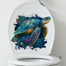 Bonfage Colorful Turtle Toilet Cover Sticker Decals,Fish Bird Flower Leaf Waterproof Toilet Lid Tank Seat Decals Cistern Self-Adhesive Bathroom Wall Sticker, White