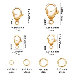 SUNNYCLUE 1 Box 120Pcs 18K Gold Plated Lobster Clasp and Jump Rings Stainless Steel Lobster Claw Clasp 9mm 10mm 12mm 15mm Hypoallergenic Jewelry Findings for DIY Necklaces Bracelet Keychain Making