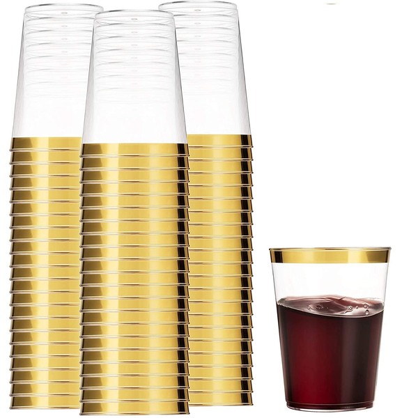 Munfix 100 Gold Plastic Cups 16 Oz Clear Plastic Cups Tumblers Gold Rimmed Cups Fancy Disposable Wedding Cups Elegant Party Cups with Gold Rim