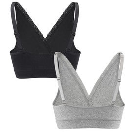 ZUMIY Maternity Nursing Bra Sleeping Tops, Wireless Breastfeeding Pregnancy Cotton Bras, Full Coverage, Adjustable Straps Lace Trim (UK, Alpha, M, Regular, Regular, Black+grey/2pack)