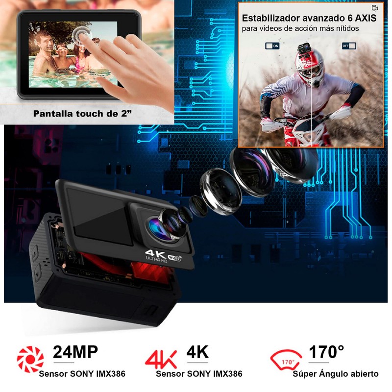 Camara Digital Deportiva V36 Doble Pantalla 4K WiFi c Agua