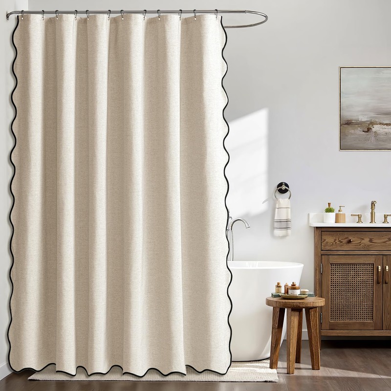 MIULEE 84" Long Scalloped Shower Curtain Linen Textured with 12