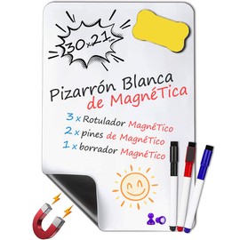 OUPEI - Pizarrón Blanco Magnético para Refrigerador, A3/A4 de Pizarra Iman Flexible de Nevera con Accesorios 3 Plumones, Imanes y Borrador para Notas y Recordatorios Diario (A4_30x21cm)
