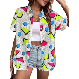 80s 90s Outfits Women Hawaiian Retro Birthday Party Button Down Shirts Disco Neon Short Sleeve Blouse Tops A XXL