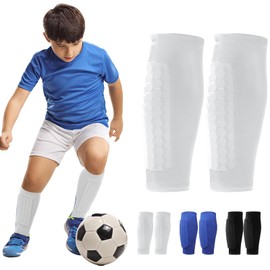 AUNGKWANG Pack of 2 Children's Football Shin Pads, XS/S/M/L/XL Shin Pads for Football, Breathable, Non-Slip, Stable, Calf Protection, for Men, Women, Children and Teenagers (White)