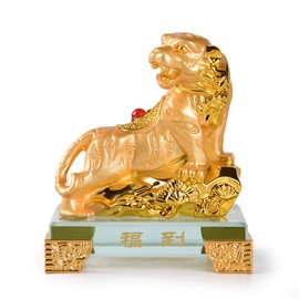 PopTop Brass Golden Resin Feng Shui Statue Chinese Zodiac Animal Tiger Home Office Table Top Decor Figurine Gift Collection PTZY114