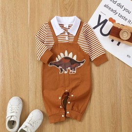 Tepuce Baby Boy Clothes 9-12 Months Long Sleeve Outfits Fall/Winter Baby Romper Ribbed Clothing Set, Brown Dinosaur Romper 9-12 Months