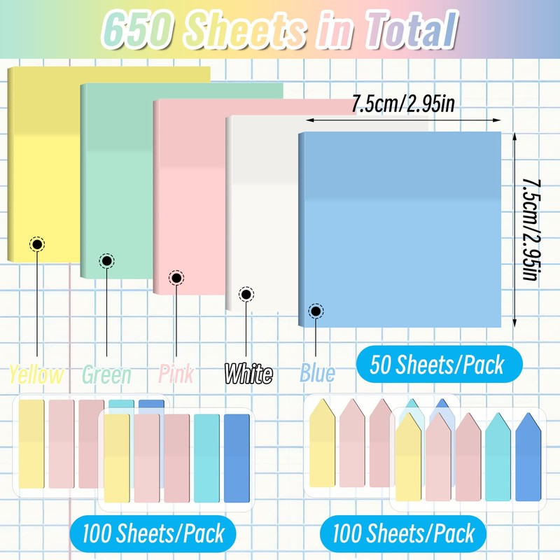 Sticky Notes, 650 Sheets Transparent Sticky Notes, Pastel Clear Sticky