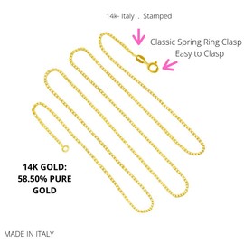 14K or 10K REAL Solid Yellow or White or Rose/Pink Gold 0.5MM,0.6MM,0.7MM,0.8MM,0.9MM,1.1MM,1.2MM Italian Diamond Cut Box Link Chain Necklace MADE IN ITALY, Gold, No Gemstone, 16.0 Inches, Gold, No