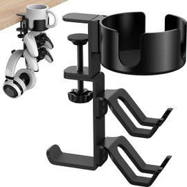 Headset Holder, 4 in 1 Headset Storage Hook, Controller Holders with Desktop Cup Holder, 360° Swivel Under Table Clip Controller Holder, Compatible with Universal Headsets, Controllers, Cups