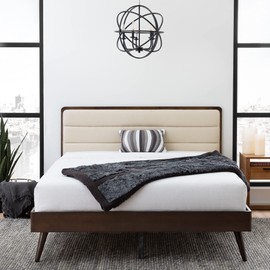 Edenbrook Canterbury Upholstered Wood Platform Bed Frame-Box Spring Optional, Twin, Dark Mahogany/Beige